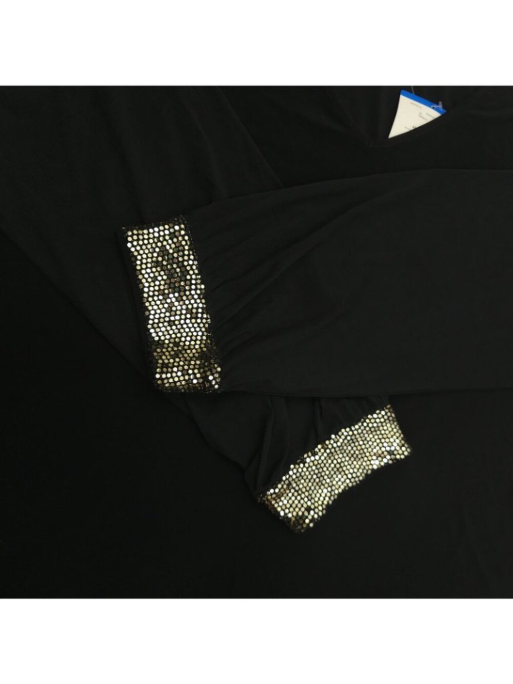 Anne Klein Black V-Neck Top Blouse Womens XL Sheer Mesh Long Sleeve Sequin Cuffs - Picture 9 of 16